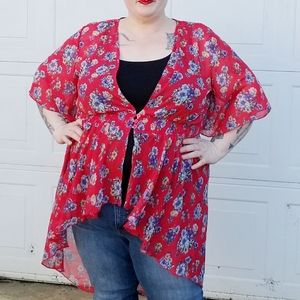 Charlotte Russe sheer red floral high low top